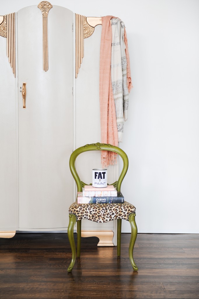 Camo chair and Couture Linen armoire
